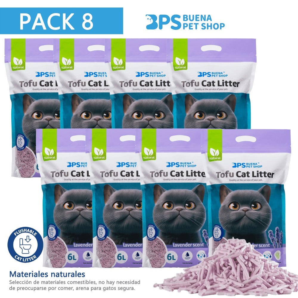 BPS Arena de Tofu para Gatos aglomera 6L Pack de 8 Bolsas- Sin Polvo Fácil de Aglomerar y Controla Olores - Biodegradable y Segura para Gatitos
