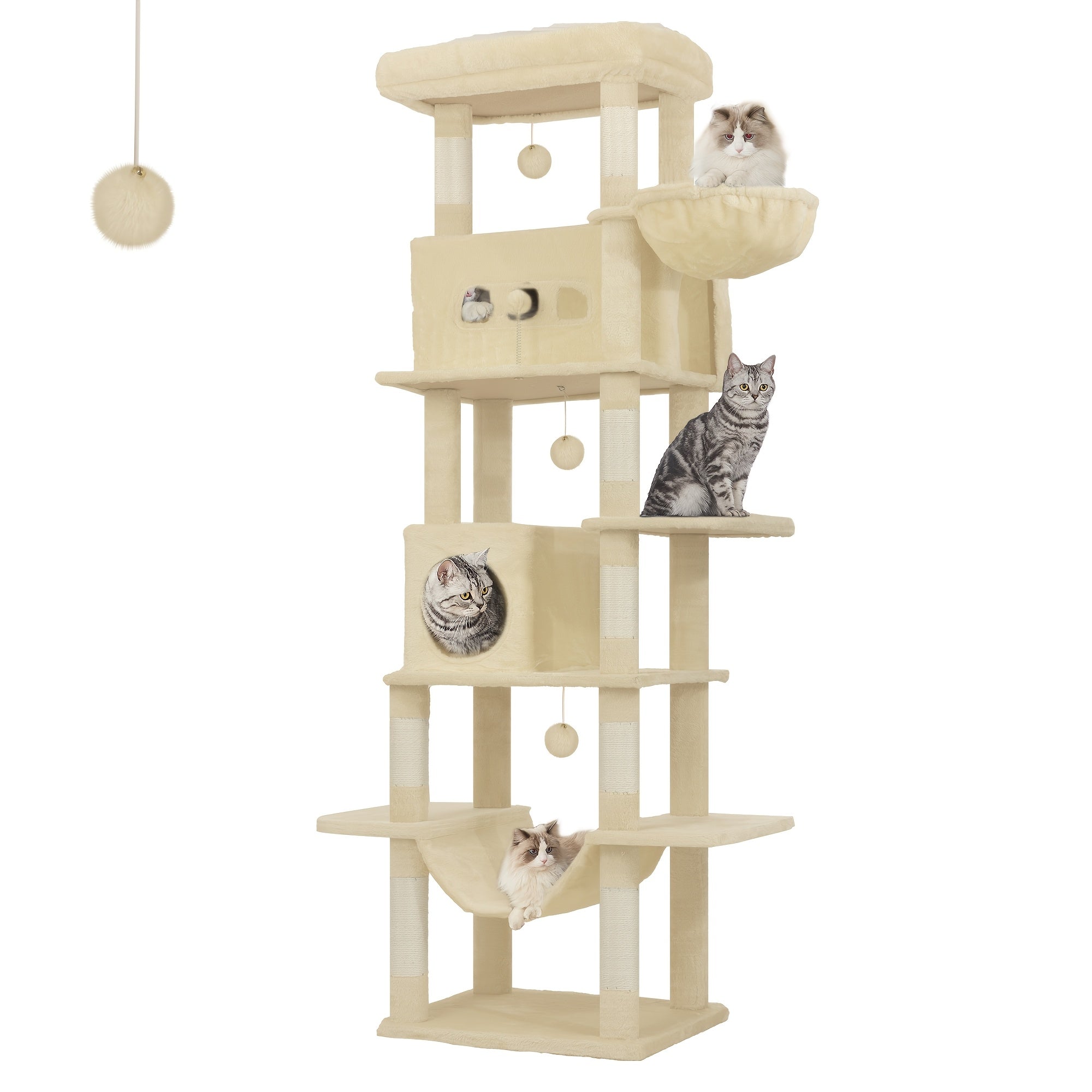 Rascador grande, árbol para gatos de 210 cm, con 8 postes rascadores, posadero, 2 cuevas, tapete lavable, hamaca, pelotas de felpa, rascador de varios pisos para gatos grandes, gris claro, gris oscuro