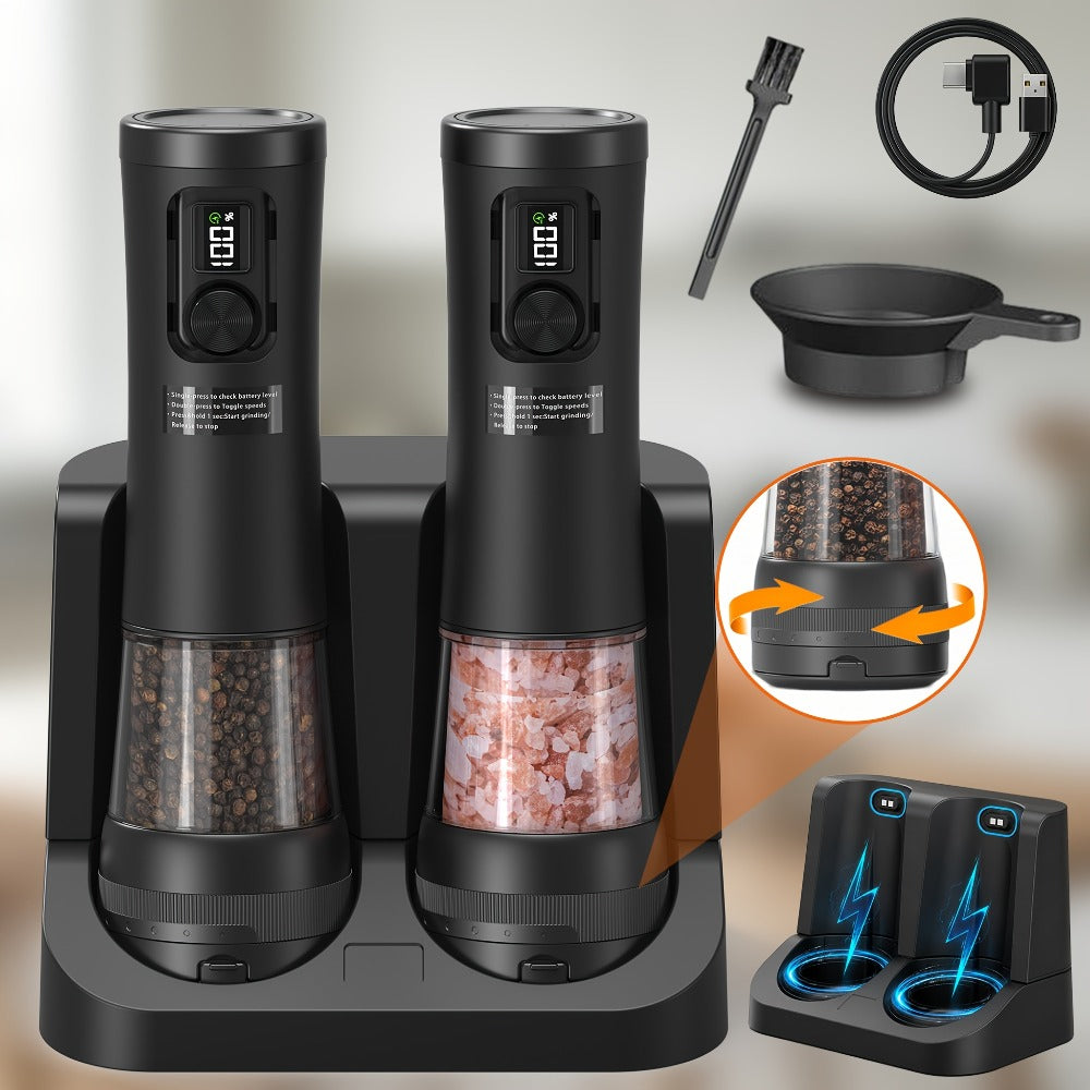 Molinillo eléctrico de sal y pimienta automático, ajustable de 5 velocidades de grueso con una sola operación y recargable, de acero inoxidable, apto para cocina, apto para sal marina, especias, pimienta con pantalla LED, para uso comercial