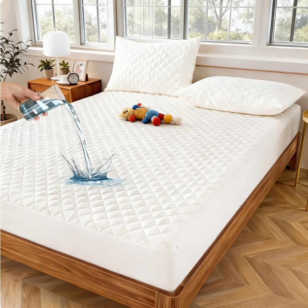 Una funda protectora de colchón impermeable de 1 pieza, lavable a máquina, con un diseño acolchado de color sólido y bolsillos profundos (suave y cómoda). Se puede utilizar como sábana independiente.
