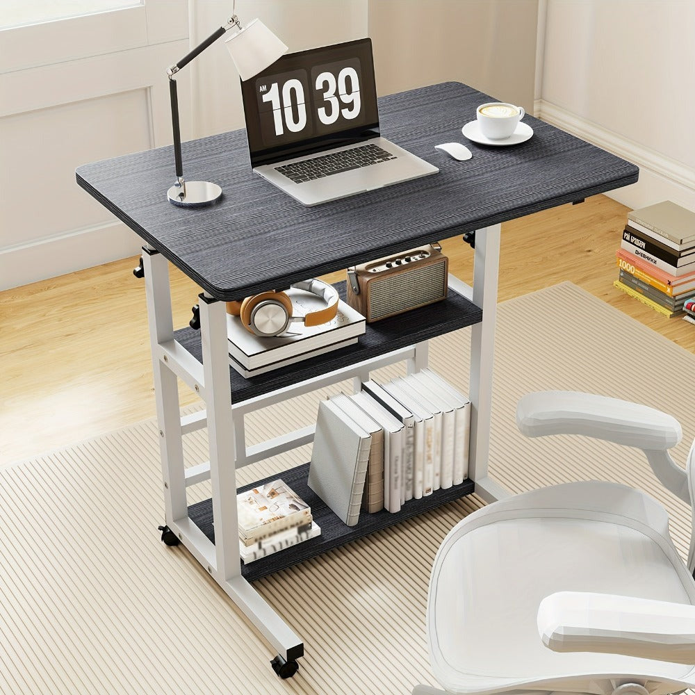 Escritorio Portátil de Madera Moderno con Altura Ajustable y Almacenamiento Multinivel - Estación de Trabajo para Hogar Ahorradora de Espacio con Ruedas, Soporte para Laptop y Función de Mesita de Noche Ideal para Trabajadores Remotos