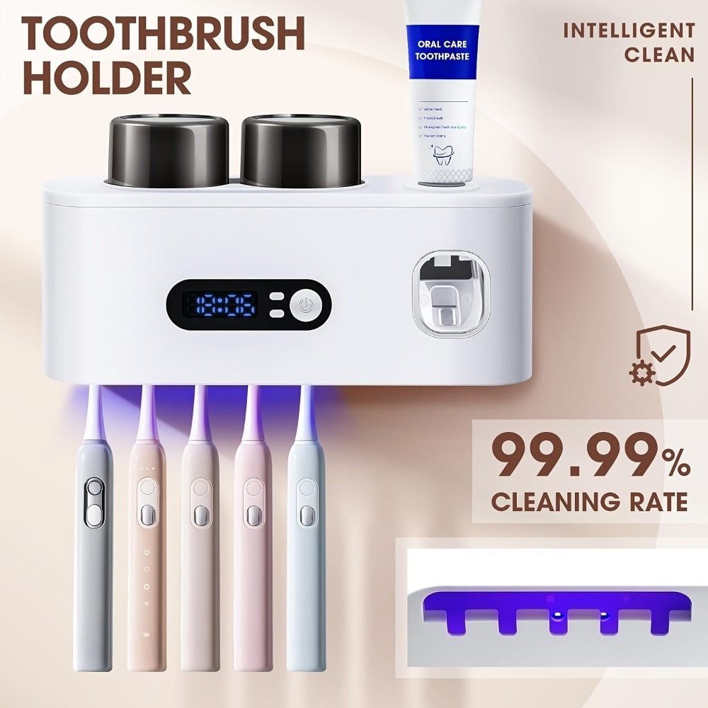 Portacepillos de dientes inteligente de pared automático y dispensador de pasta de dientes con UVC, una operación, panel de visualización, apto para baño, sistema de secado higiénico, ahorra espacio para baños pequeños, exprimidor automático de pasta de d