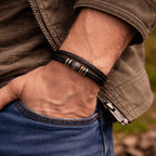 Muñequera de Cuero para Hombre, Brazalete Trenzado Negro con Cierre Magnético de Acero Inoxidable, Regalo para Hombres en el Día de San Valentín, Cumpleaños, 21Cm Adecuado para la Mayoría.