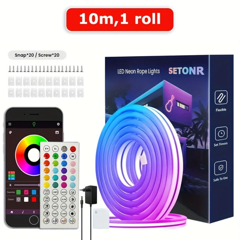 Tira de luz neón RGB, clasificación IP65, control remoto y control por APP disponible, color ajustable, sincronización APP con música, ideal para salas de juegos, dormitorios, decoraciones interiores para Navidad y Halloween.