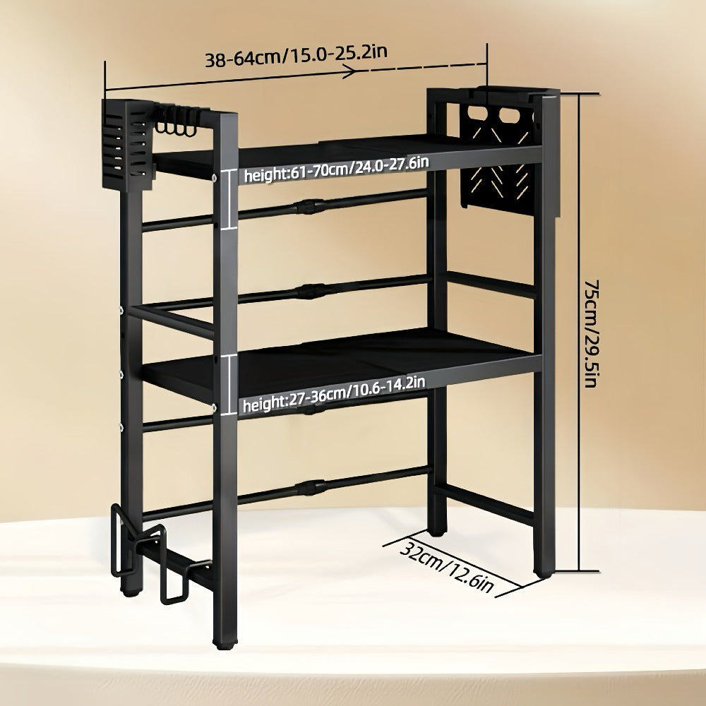 1 estante de almacenamiento de 2/3 niveles con seis ganchos, estante para especias, estante de almacenamiento, estante para horno microondas, negro, extensible, fácil de montar, resistente y duradero, ahorra espacio, estable, adecuado para cocina, dormito
