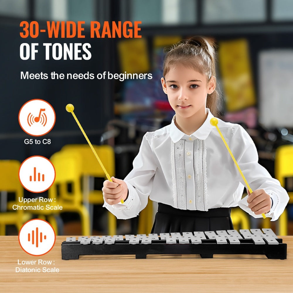 VEVOR 30 Notas Glockenspiel Xilófono Kit de Campanas, Instrumento de Percusión con Mazos, Baquetas y Bolso de Transporte, Set de Instrumento de Percusión Xilófono Glockenspiel Profesional