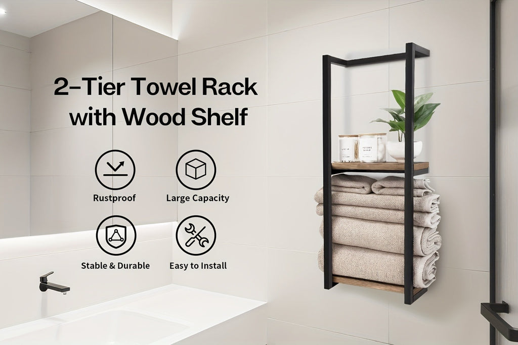 Estante de baño que ahorra espacio - Combo multifuncional de acero/madera, toallero de pared con soporte para artículos esenciales | Almacenamiento compacto para baños pequeños, apartamentos, residencias estudiantiles, toalleros