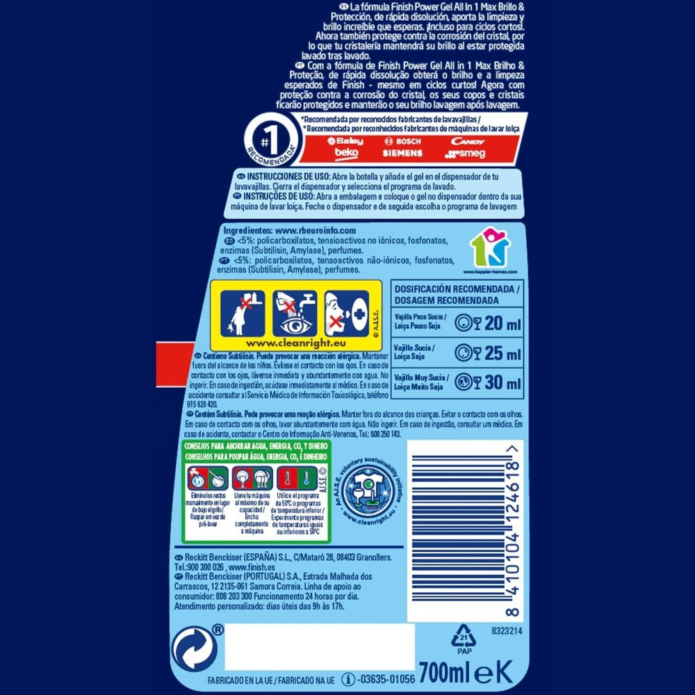Gel Limpiador y Detergente para Lavavajillas Finish All in 1 Max Power - Pack de 3/4/5 (700 ml c/u, 105 lavados/140 lavados/175 lavados) - Eficiencia en Cada Lavado - Envase Puede Variar