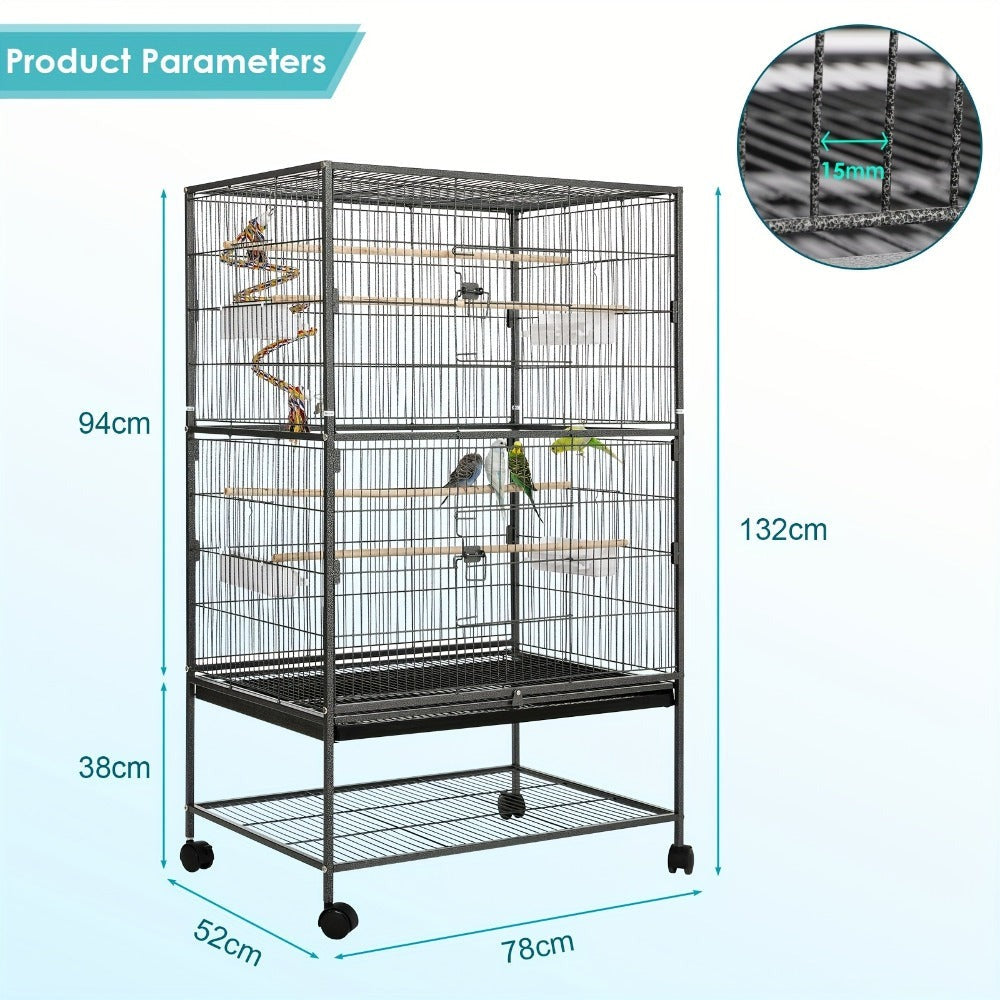 Jaula Grande para Aves, Jaula de Metal con 4 Ruedas, Jaula para Periquitos con Comedero y Columpio Saltarín, 2 Puertas y 4 Barras de Madera, 132 x 78 x 52 cm