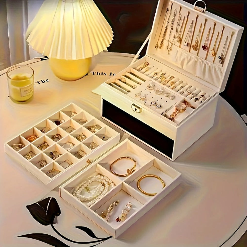 Joyero vintage de gran capacidad de piel sintética de PU con cajones - Múltiples niveles con forro suave, apto para collares, pendientes, anillos, escritorio para dormitorio, regalo de boda, San Valentín, Navidad, Día de la Madre, cajas de joyería