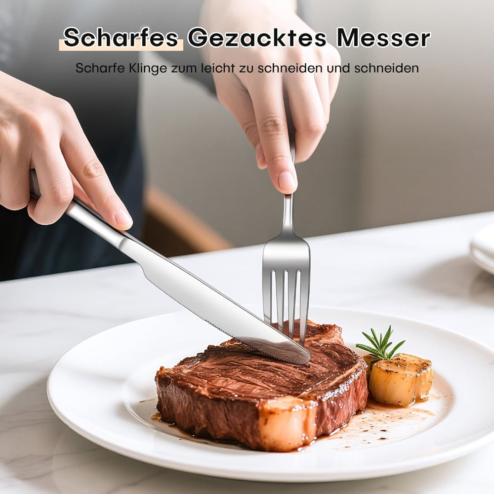 Juego de vajilla de acero inoxidable de 60 piezas para 12 personas con cuchillos, tenedores y cucharas. Ideal para restaurantes, fiestas, bodas, artesanía clásica de tiras. Mangos ergonómicos y diseño de alta calidad. Agarre cómodo. Lavable con lavavajill