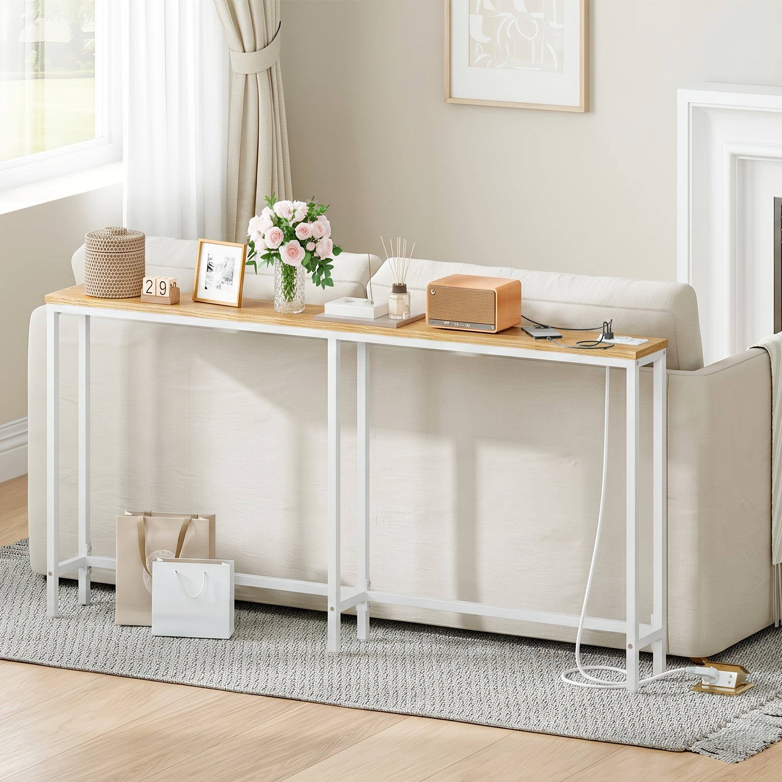 Mesa Estrecha de Consola con Regleta, Mesa de Consola con Estación de Carga, Mesa Estrecha para Sofá, Mesa de Consola Detrás del Sofá, Para Entrada, Pasillo, Marrón Rústico y Negro