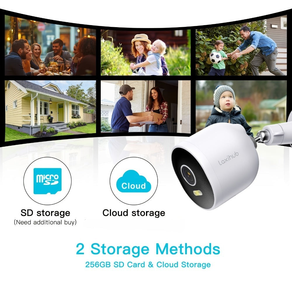 1/2/4 piezas Laxihub 3MP 1296P Cámaras de seguridad Wi-Fi para exteriores, Cámara interior para seguridad del hogar, para vigilancia de puertas domésticas, Audio bidireccional, Almacenamiento en la nube/tarjeta SD, Visión nocturna a todo color, Cámara dig