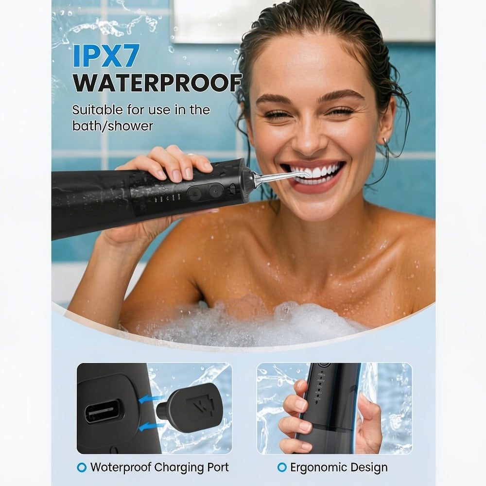 Irrigador bucal portátil recargable, hilo dental con agua para dientes, irrigador dental inalámbrico profesional 8 boquillas 5 modos, IPX7 a prueba de agua 300ML para limpiar los dientes, hogar y viaje