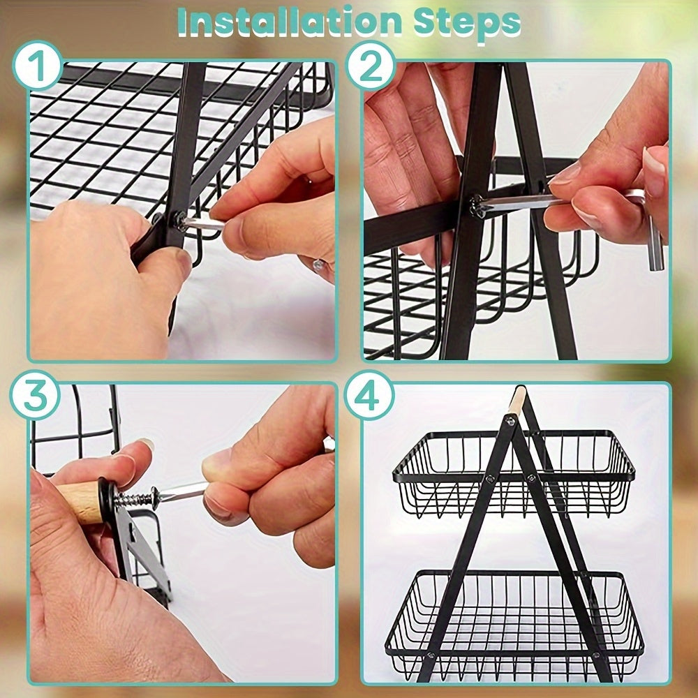 1 Cesta de Almacenamiento de Frutas de Metal de Múltiples Niveles con Asas de Madera - 2 Niveles para Frutas, Verduras y Especias - Soluciones Modernas de Almacenamiento para Cocina, Baño y Hogar, Cesta de Frutas