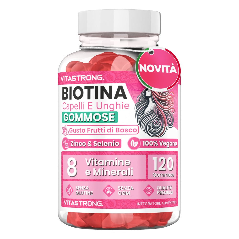 Vitastrong Complejo de Biotina Vegano, 120 Gomitas, Suplemento Alimenticio Sin Azúcar con Biotina, Vitamina C, Vitamina E, Zinc, Vitamina B6, Folato, Selenio e Iodo
