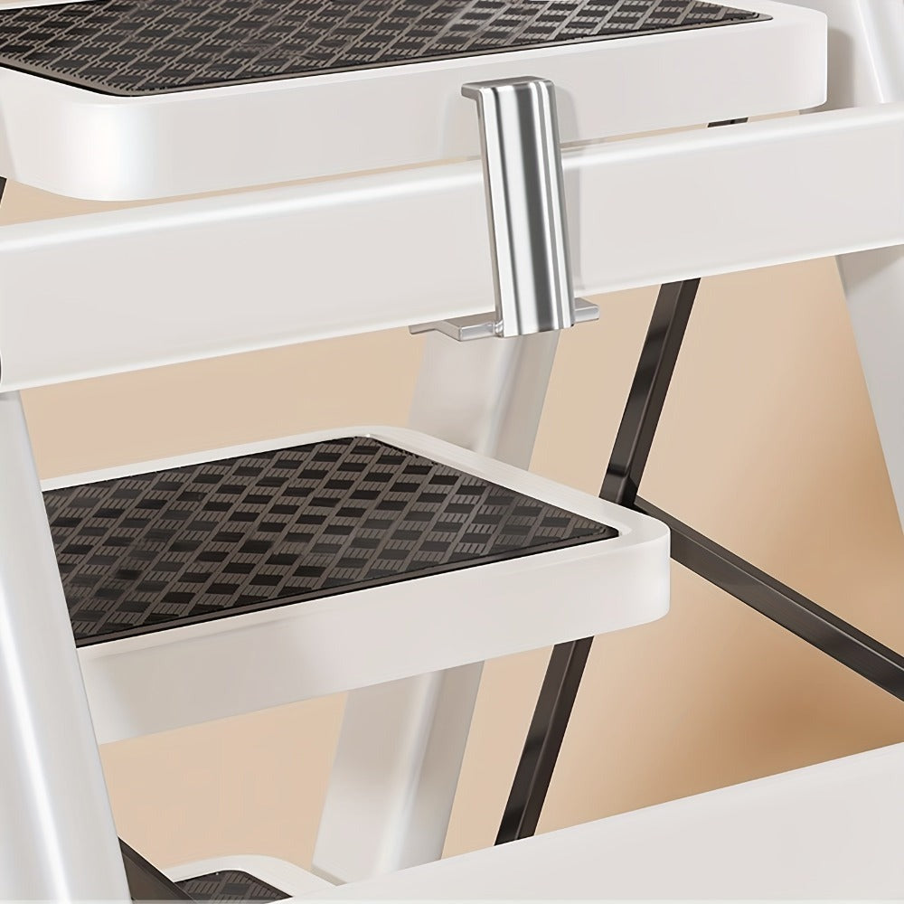 Escalera plegable de acero inoxidable, escalera portátil multifuncional, equipada con pedales anchos antideslizantes, ligera, duradera y compacta, fácil de transportar. Adecuada para el hogar, la oficina, el dormitorio, la cocina y el jardín, etc. Escenar