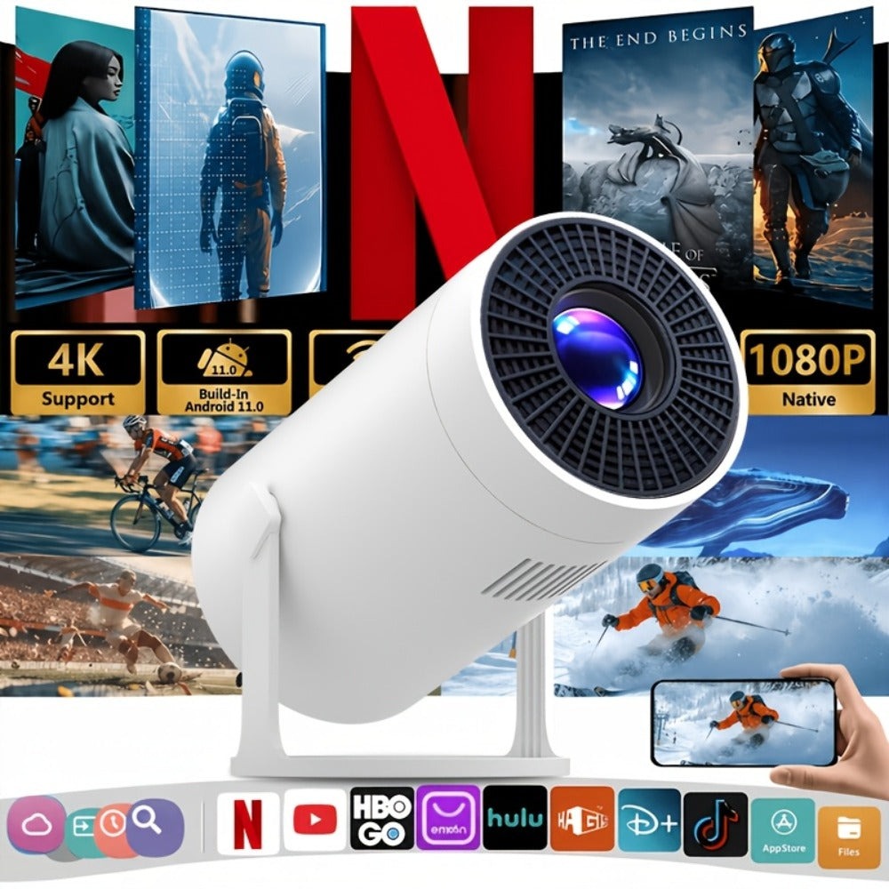 Proyector inteligente 4K Full HD, proyector sin varillas con WiFi y Bluetooth, compatible con 1080P, rotación de 180 grados, altavoces integrados, apto para iPhone/Android 11.0/sistema, compatible con Netflix y YouTube