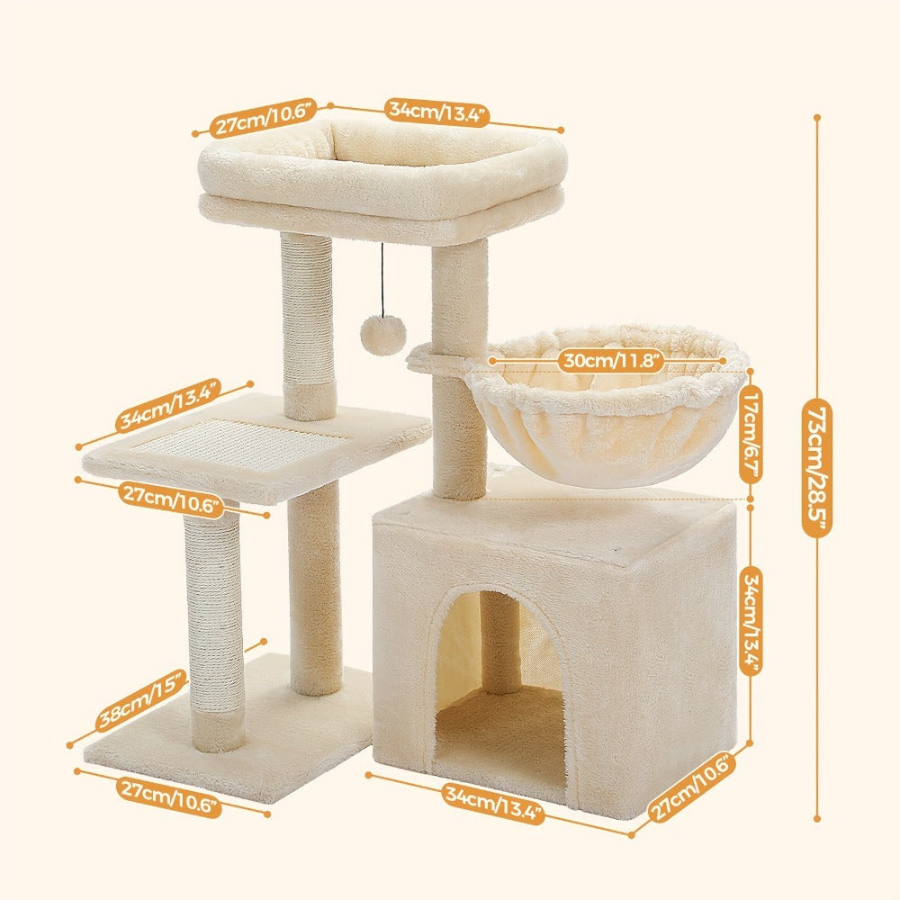 Árbol para Gatos Pequeños de Pawz Road para Interiores - Centro de Actividades Convertible 2-en-1 con Postes Rascadores, Hamaca de Peluche y Percha Superior Desmontable, Diseño Robusto Ahorrador de Espacio para Gatitos, Gris y Beige, Árbol Lindo para Gato