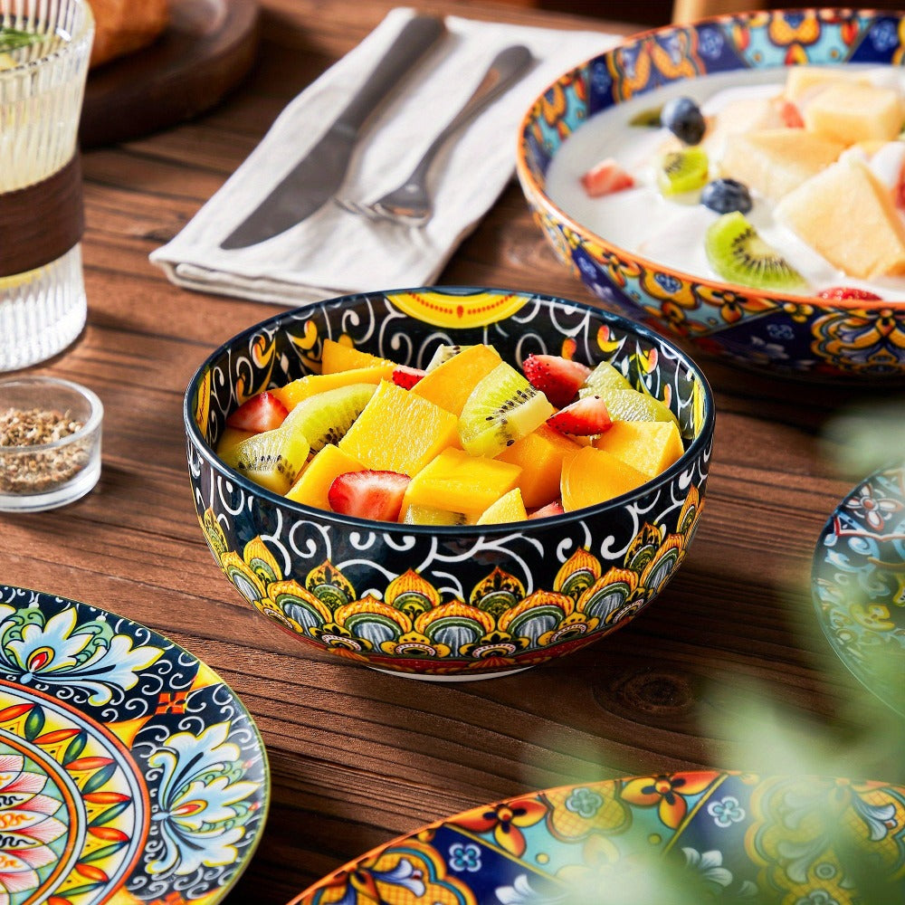 Juego de vajilla de estilo bohemio de 24 piezas, patrón de doble cara, juego de porcelana con platos, platos de postre, tazones para cereales, tazón para pasta, servicio para 6 personas