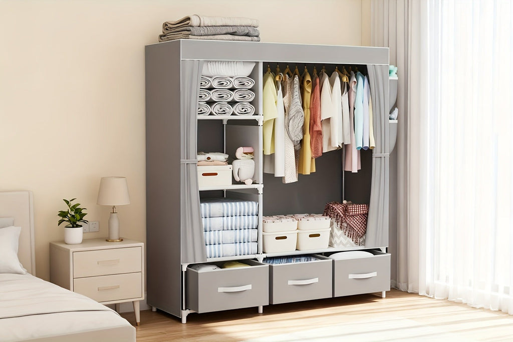 Armario portátil simple, diseño de gran capacidad, armario de almacenamiento multicapa, almacenamiento de ropa, armario portátil, diseño plegable, organizador de ropa con 6 armarios de almacenamiento y 2 zonas para colgar, plegable, apto para dormitorio,