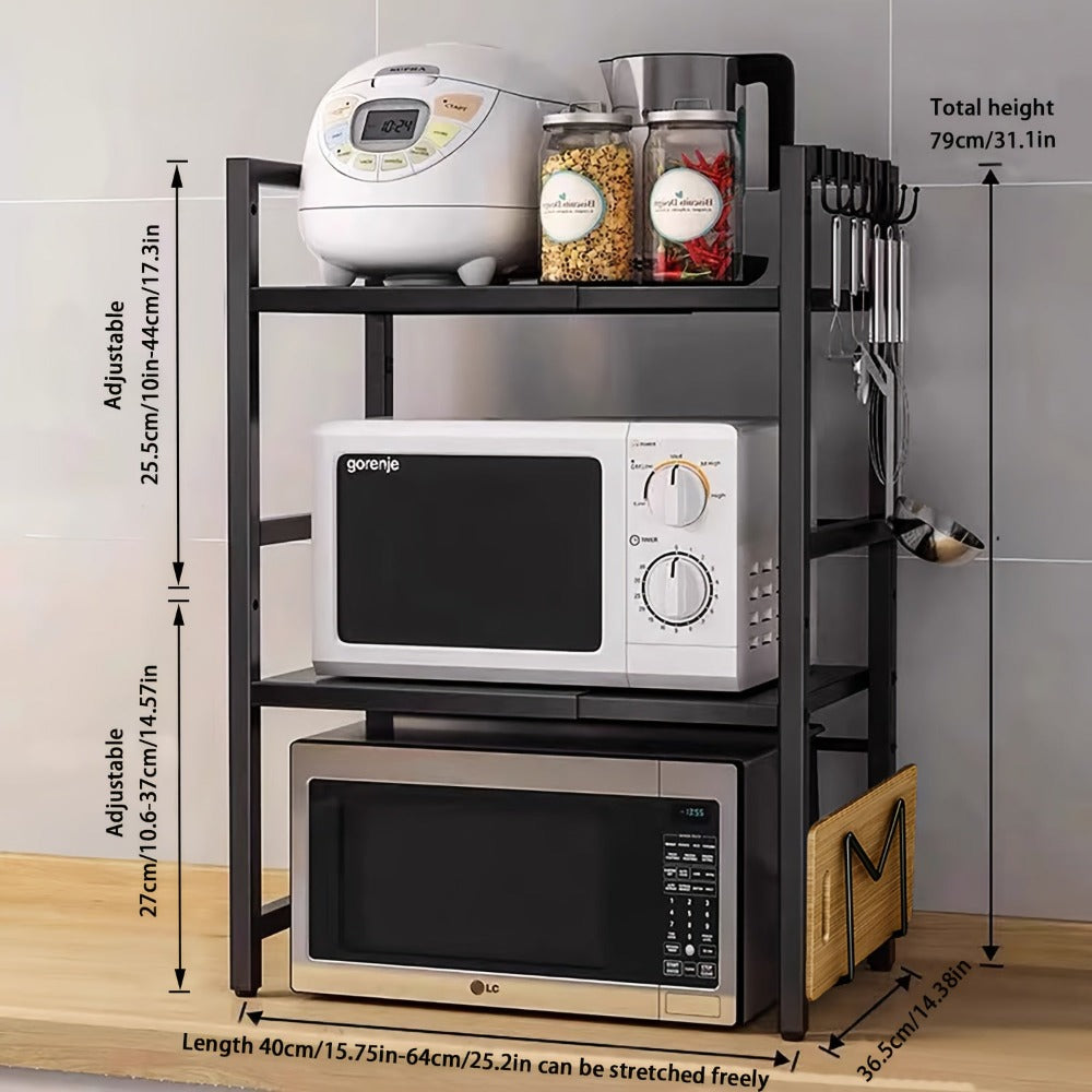 Estante para Microondas de 3 Niveles Extensible con 6 Ganchos, Estante de Cocina, Organizador de Especias, Organizador de Gabinete para Cocinas, , Extensible de 40 a 64 cm
