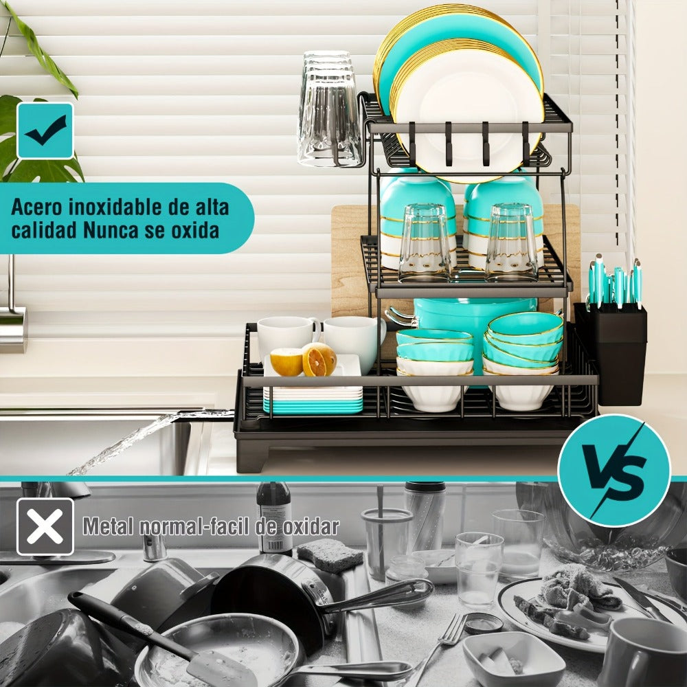 Escurridor de Platos Resistente - Organizador de 3 Niveles con Bandeja de Drenaje, Ahorrador de Espacio para Cocina - Acero Inoxidable Anticorrosivo con Portavasos y Almacenamiento para Utensilios y Tabla de Cortar - Diseño Compacto y Duradero para Cocina
