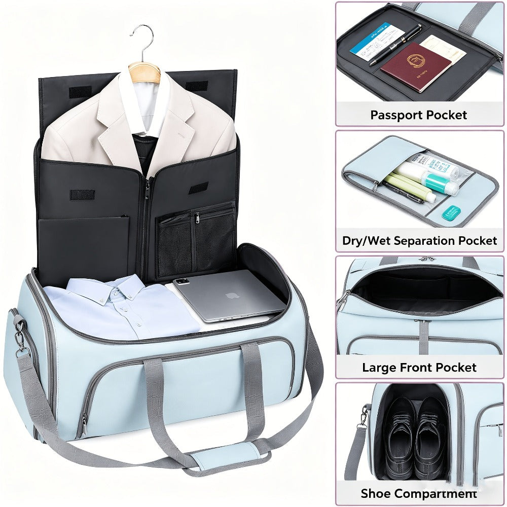 Funda de ropa de viaje colgante convertible con compartimento para zapatos y maleta de alta calidad, adecuada para guardar vestidos sin arrugas, bolso de mano portátil para pernoctar con almacenamiento para zapatos, colgante para vestidos, trajes, transpo