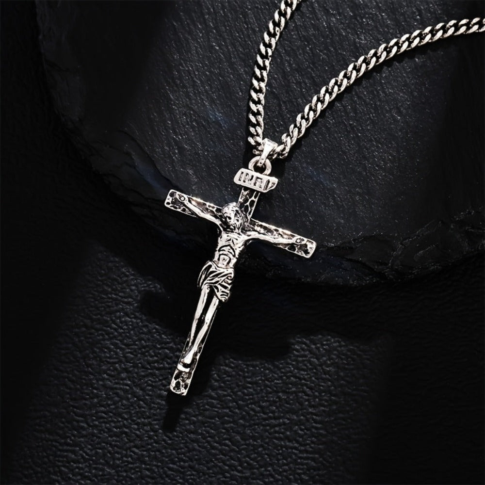 ARTPAGE 925 Plata Plateada, Collar de Cruz Pequeña de Jesús para Hombres, Moda Clásica, Longitud del Collar 60cm/24in, con Cadena de Extensión de 5cm/2in, Tamaño Ajustable Libremente, Regalo de Navidad o San Valentín con Caja de Regalo Exquisita