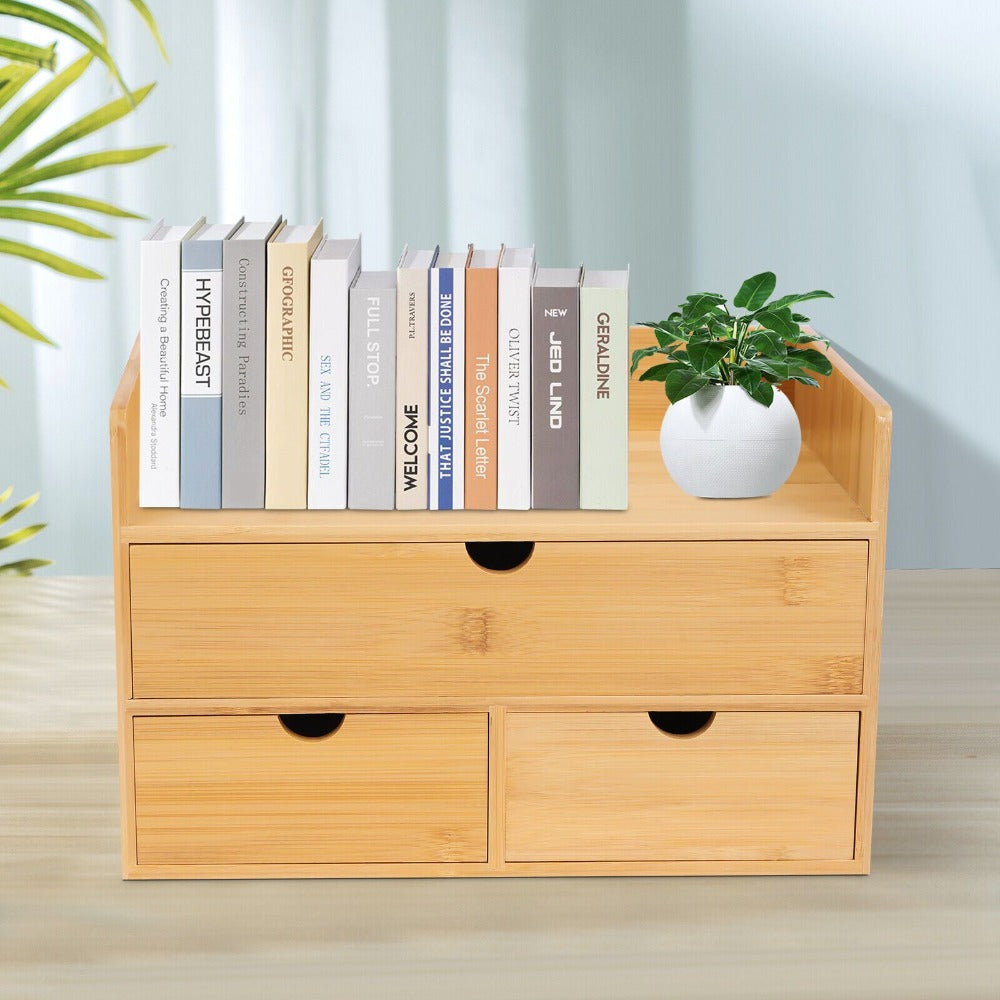 Organizador de escritorio, Organizador de escritorio de bambú con cajón, Caja de escritorio de bambú, Adecuado para guardar diversas cosas de necesidades diarias en habitaciones, oficinas, etc. (3 cajones)