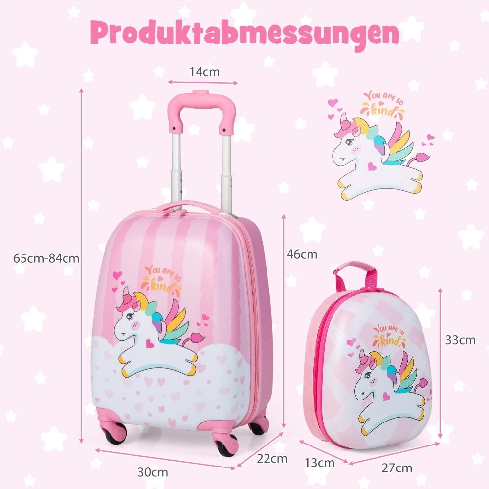 Juego de equipaje para niños de 2 piezas + Mochila, Trolley infantil de plástico, Equipaje infantil, Juego de equipaje de mano para viaje, Maleta rígida para niños y niñas (Unicornio rosa, 12"+16")
