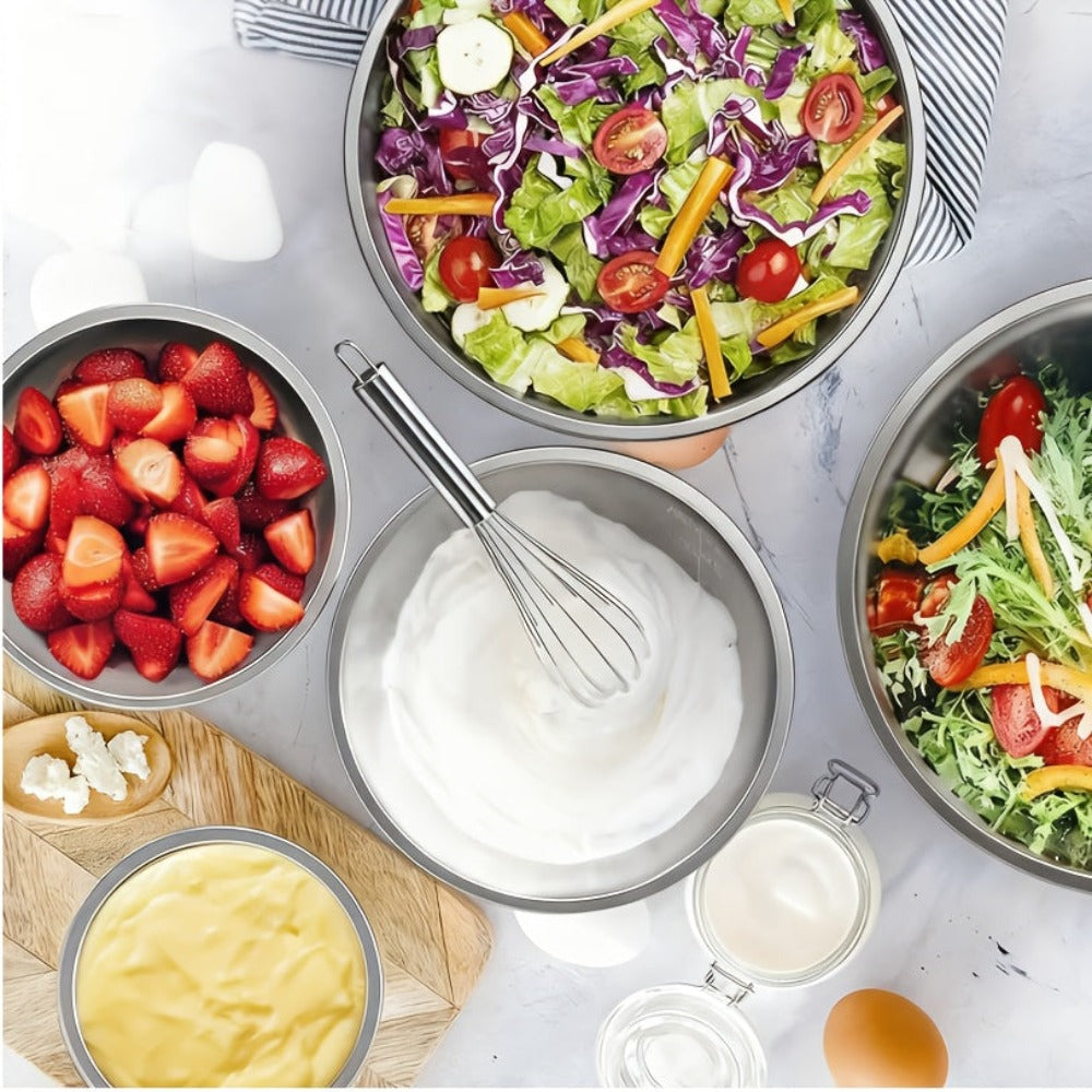 26 tazones para ensalada con tapas, 6 tazones mezcladores de acero inoxidable, 3 accesorios de cuchillo mezclador, 17 herramientas de cocina prácticas, antideslizantes, gadgets de cocina resistentes al óxido para ensaladas y más