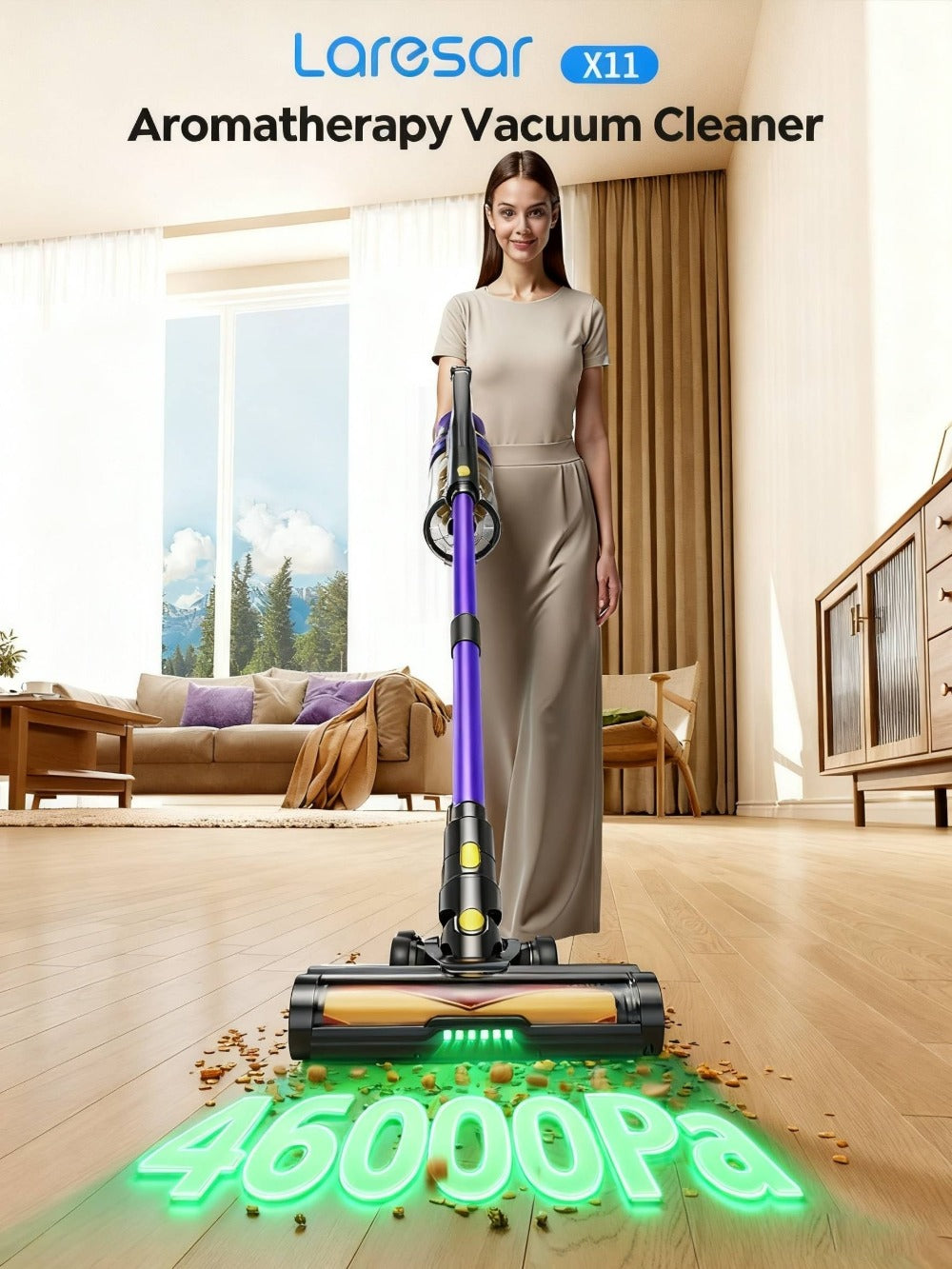 Laresar X11 Aspiradora Inalámbrica 550W/46Kpa para el hogar, Aspiradora de varilla anti-enredos de 60 minutos, Aspiradora recargable de doble mano ligera con aromaterapia para pelo de mascotas, alfombras y pisos, limpieza de primavera
