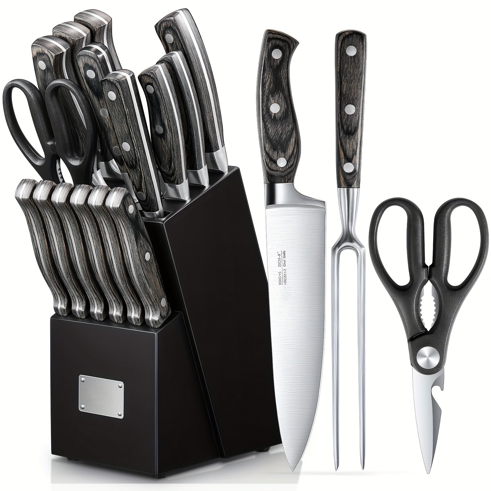 16 piezas de complementos de cocina, juego de cocina, artículos de cocina, con mango de madera, juego de acero inoxidable con bloque de madera, electrodomésticos y complementos de cocina profesionales con acero de afilar, regalo de Navidad ideal para madr
