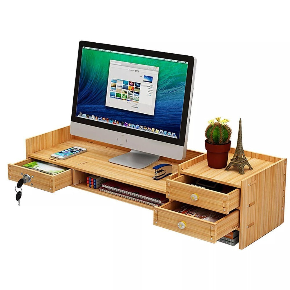 Organizador de escritorio de madera con cajones, material de oficina, escritorio de computadora, mesa de escritorio