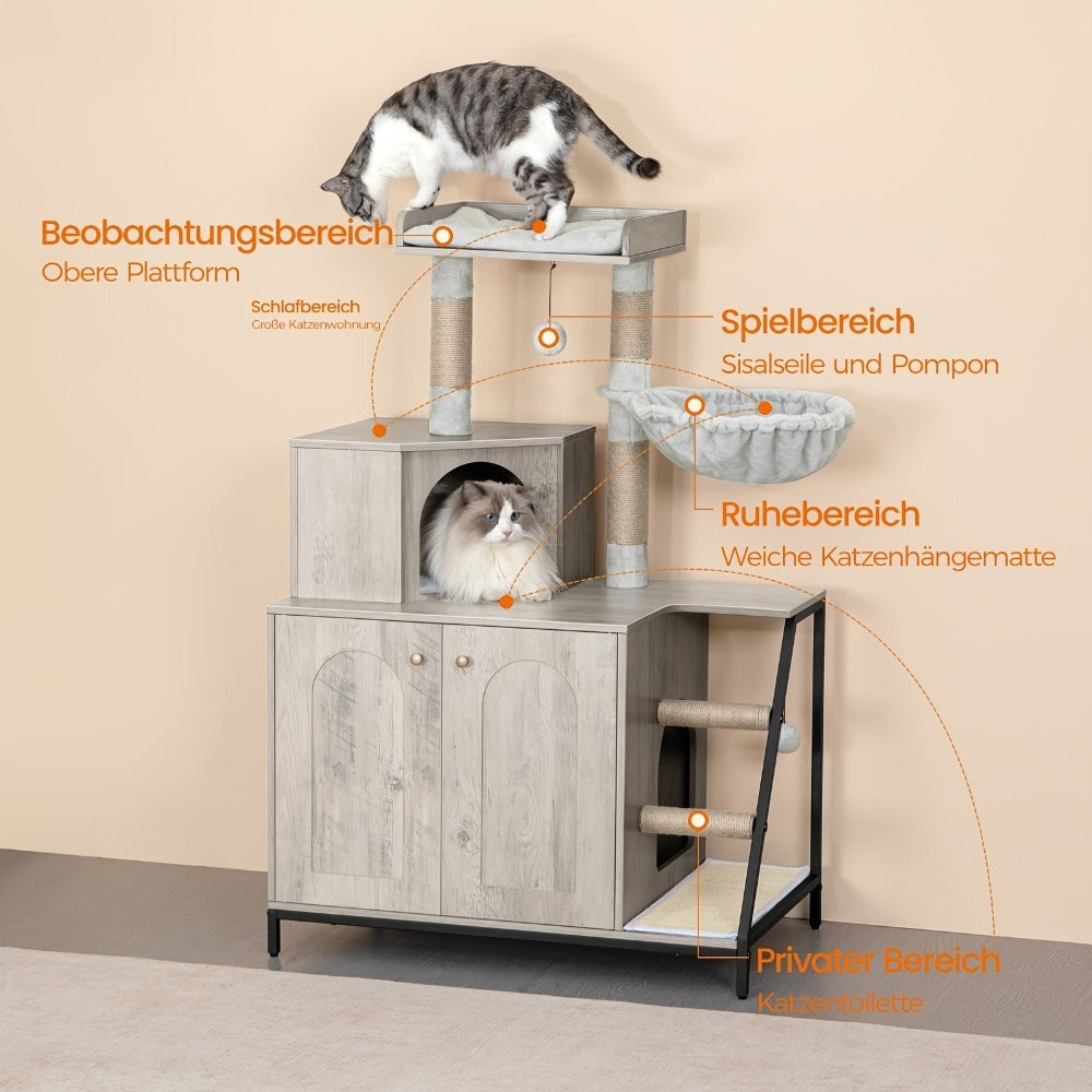 Árbol para Gatos con Gabinete para Caja de Arena, Gabinete para Gatos, Casa Moderna para Gatos 4 en 1 con Plataforma Grande, Casa para Gatos con Rascador de Sisal, Postes, Escaleras y Pompón, Cojines Lavables, Marfil Claro/Blanco