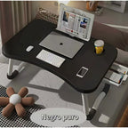 Mesa plegable multifunción para cama y sofá con portavasos, 60×40×28 cm, mesa auxiliar con atril para leer en la cama, bandeja multifunción para ordenador, libros, trabajo y estudio en casa (con cajón / sin cajón)