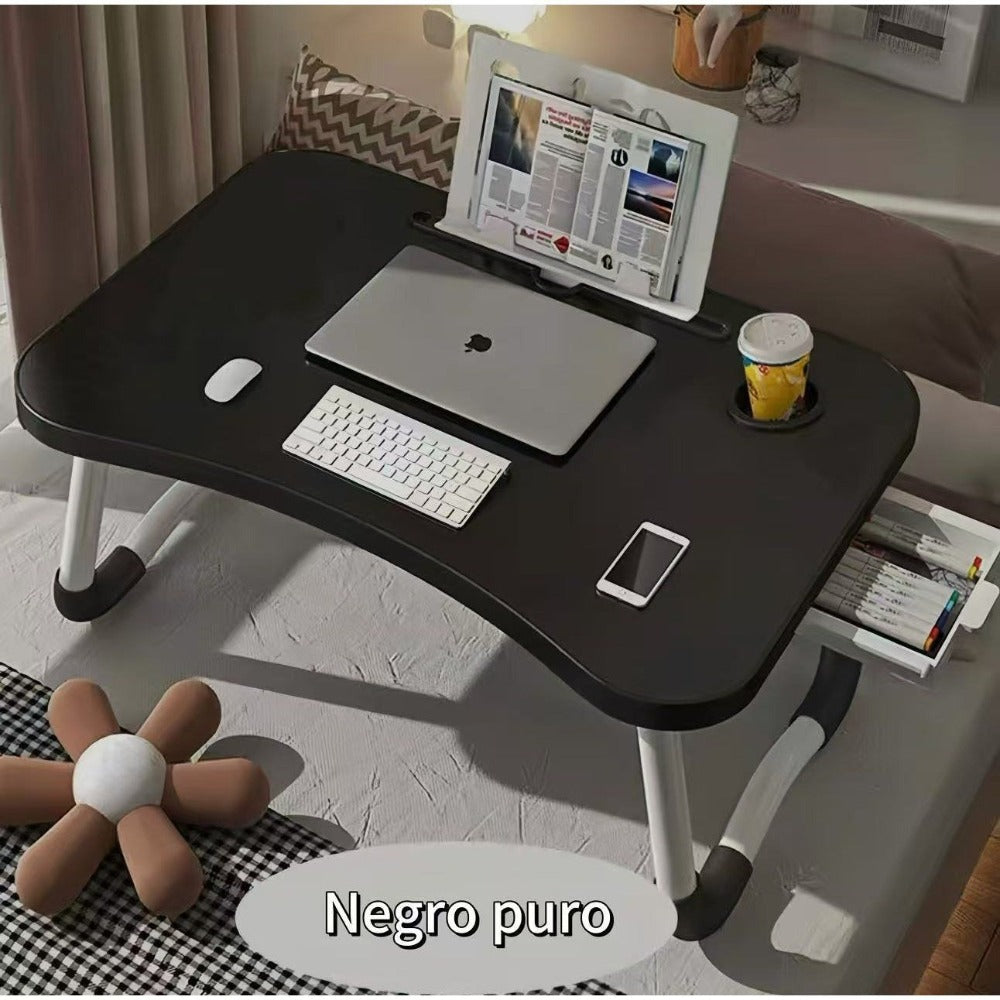 Mesa plegable multifunción para cama y sofá con portavasos, 60×40×28 cm, mesa auxiliar con atril para leer en la cama, bandeja multifunción para ordenador, libros, trabajo y estudio en casa (con cajón / sin cajón)