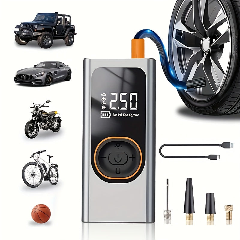 Inflador de neumáticos portátil inalámbrico de 150 PSI con medidor digital y luz LED, compresor de aire recargable USB-C - Infla rápidamente coches, bicicletas, motocicletas, balones, etc., herramienta portátil para inflar neumáticos, equipo de viaje para