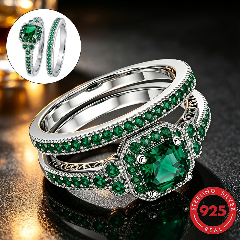 Anillo apilable de moda clásica para mujer PM:A25 de plata de ley 925, elegante y con estilo, con incrustaciones de circonita sintética verde, adecuado para uso diario, un regalo conmemorativo perfecto para las fiestas para familiares y amigos