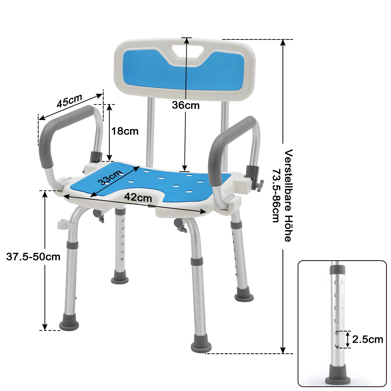 Silla de ducha con respaldo para baño seguridad y asistencia diaria | 150 kg y ajustable