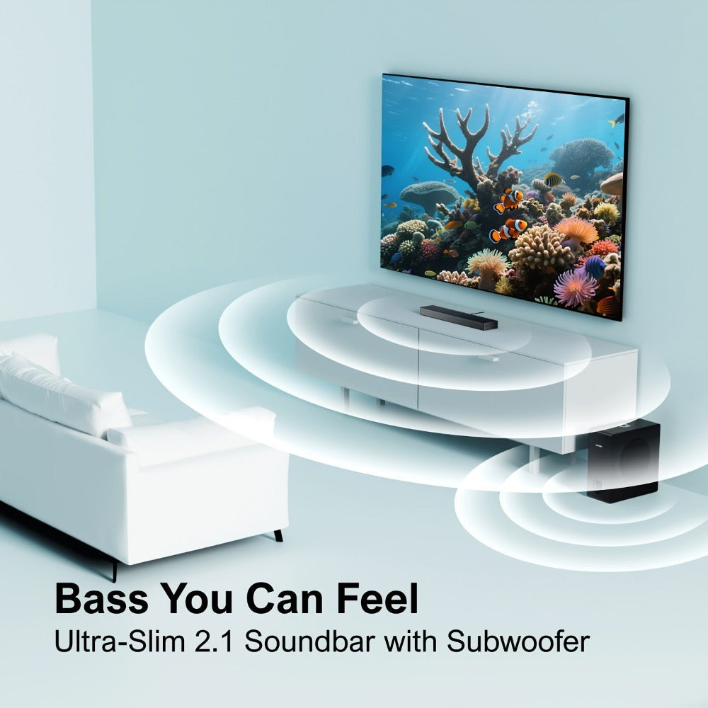 ULTIMEA Barra de sonido 2.1 canales para TV, Barra de sonido compacta para cine en casa con Bluetooth 5.3, Barra de sonido con subwoofer con cable, 160W de potencia máxima, Realce de graves, Incluye control remoto, Barra de sonido ultrafina Nova S40 (Reno