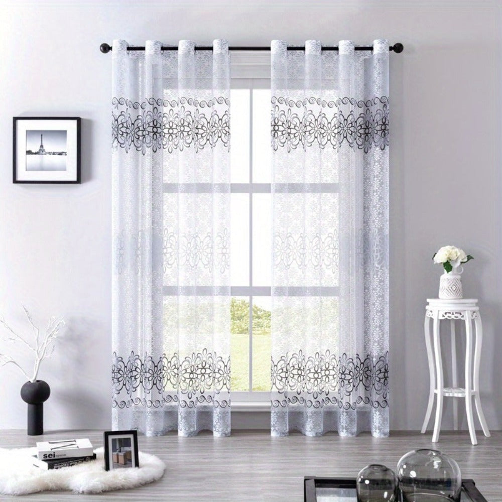 2pcs Cortinas Florales Elegantes con Ojales en la Parte Superior - Poliéster Semi-Transparente, Lavables a Máquina para Sala de Estar, Dormitorio, Decoración de Oficina