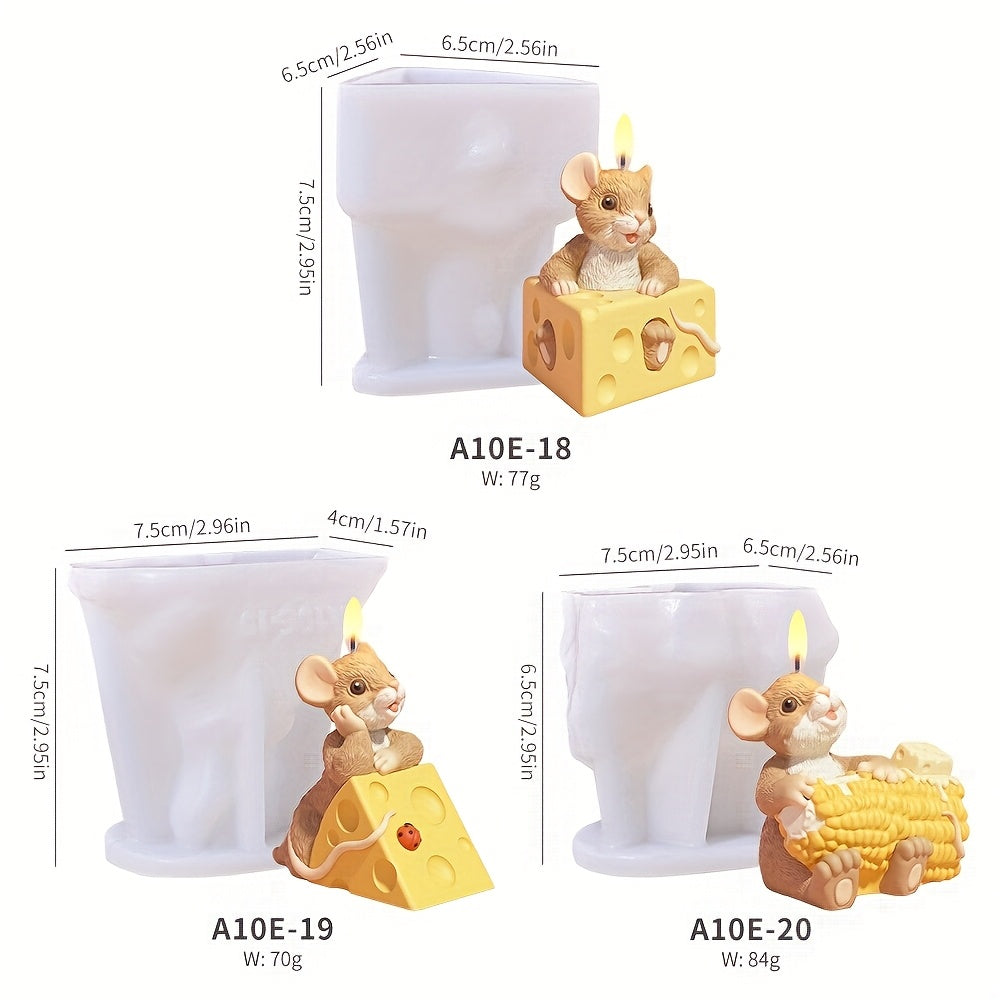 Juego de 3 moldes de silicona de ratón y queso - Moldes y velas de animales de dibujos animados 3D para resina DIY, arcilla, manualidades de aromaterapia, adornos, artículos para el hogar y decoración