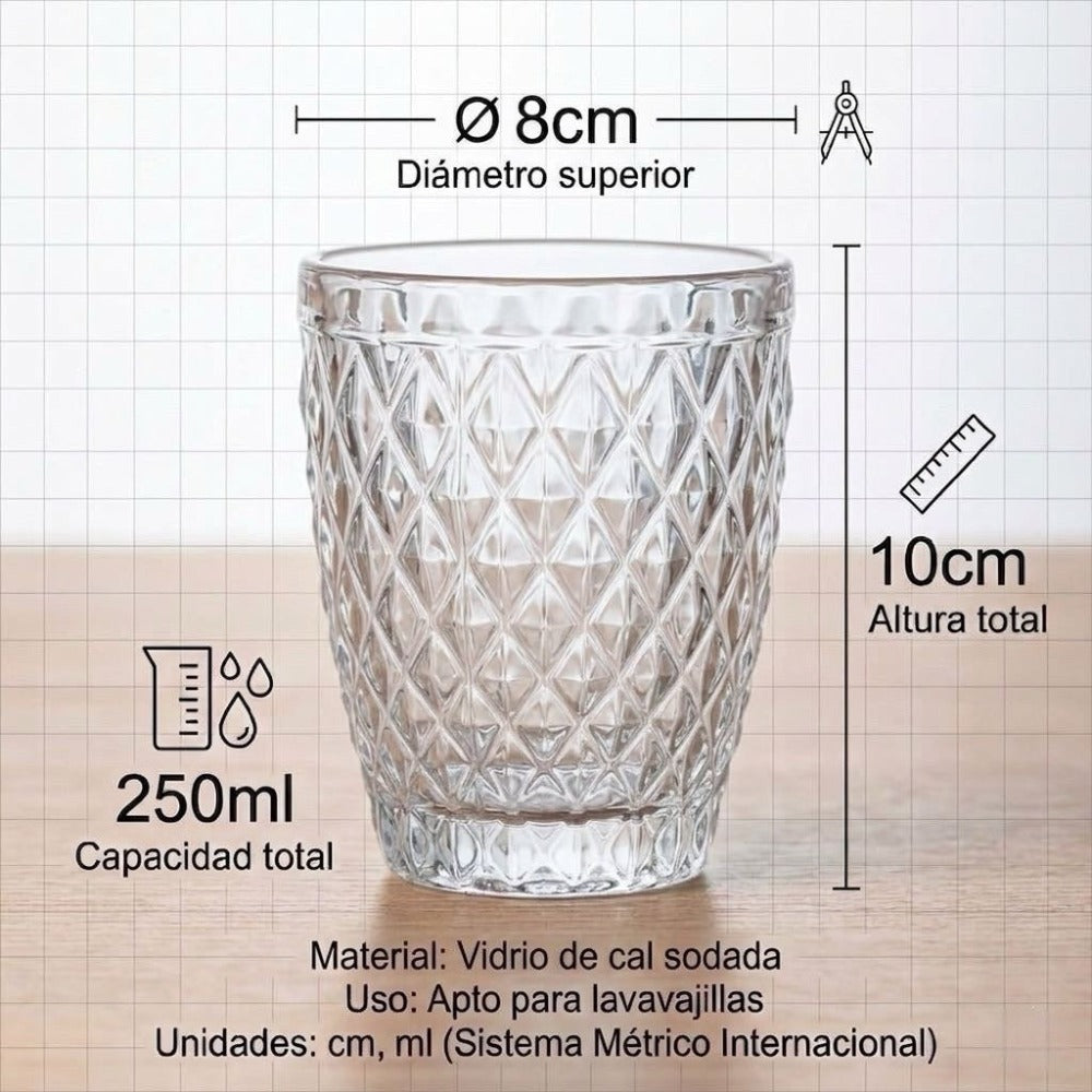 TRESV Set de 6 Vasos de Cristal 250ml | Diseño de Diamante Elegante | Aptos para Lavavajillas | Vidrio Sin Plomo para Agua y Refrescos