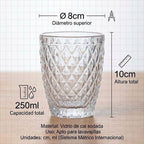 TRESV Set de 6 Vasos de Cristal 250ml | Diseño de Diamante Elegante | Aptos para Lavavajillas | Vidrio Sin Plomo para Agua y Refrescos
