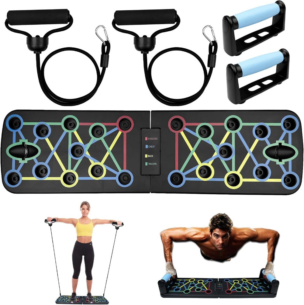 Tabla de flexiones multifuncional plegable，Entrenador de flexiones multifuncional plegable y portátil con asas antideslizantes y 2 bandas de resistencia. Diseño antideslizante, desmontable y fácil de guardar.barra de empuje para gimnasio en casa, manija d