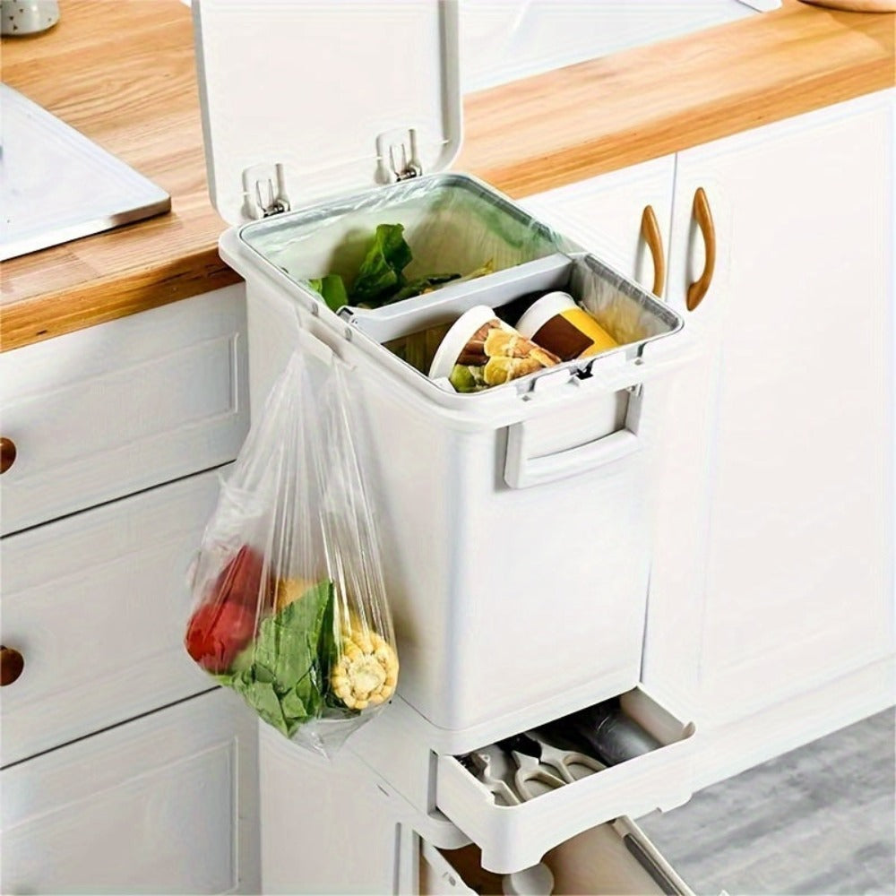 Cubo de basura estrecho de cocina de 32L con tapa, clasificación selectiva con división o dos contenedores interiores, pedal para separación de residuos secos y húmedos, contenedor de plástico para ahorrar espacio para cocina y baño