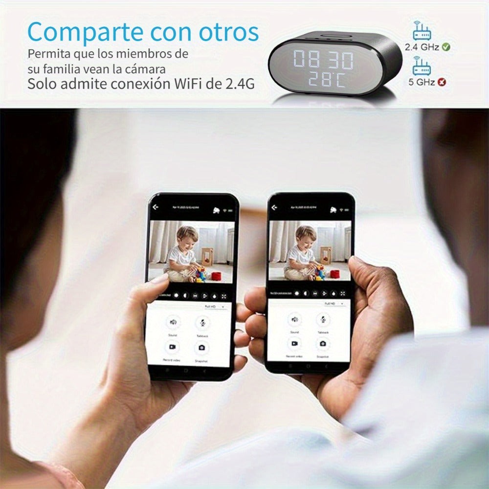 Cámara de seguridad inalámbrica despertador 4K con detección de movimiento, compatible con visualización remota en tiempo real por WIFI, notificaciones de alarma por aplicación y correo electrónico, compatible con Android e IOS, carga USB, incluye tarjeta