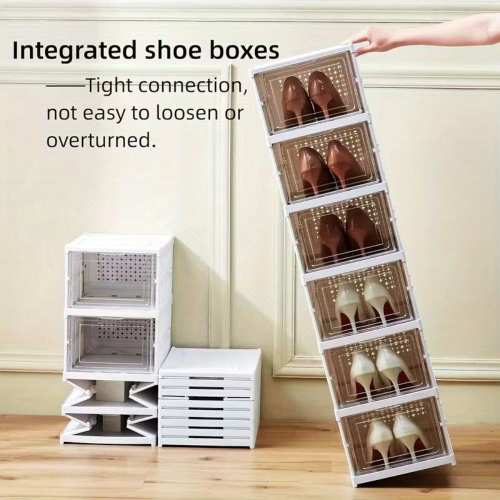 1pc Caja de Zapatos Plegable de 6/9 Niveles - Fácil de Instalar, Ahorro de Espacio - Caja de Almacenamiento Blanca Duradera, Diseño de Una Pieza, A Prueba de Polvo, Montaje Rápido, Ideal Para el Hogar, Dormitorio o Organización de la Entrada, Organizador
